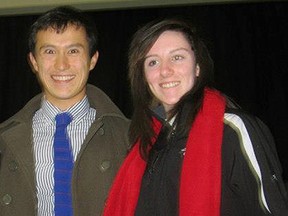 Aiden MacPherson shares a Twitter photo moment from the World Figure Skating Championships with Canadian gold medallist Patrick Chan. (Contributed photo)