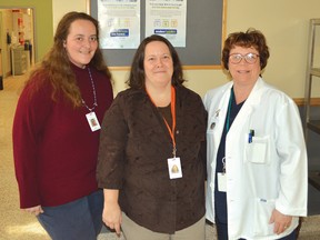 Three St. Joseph’s General Hospital staff, Jaime Young - a registered practical nurse, Chris Irving - a registered nurse and facilitator and Cindy Mathison - manager of patient care clinical services are heading up an initiative to help patients and staff at the health care facility to quit smoking.
Photo by KEVIN McSHEFFREY/THE STANDARD/QMI AGENCY