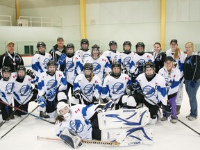 Pictured is the Lower Lakes bronze medal team, the Saugeen Maitland Midget AA Lightning. Back row: Joe Chaffe (coach), Cassidy Colhoun, Bill Lark (coach), Miranda Lantz, Maddie Duncan, Morgan Baker, Kailyn Soers, Harley Westman, Lexi Smith, Jordyn Sholdice, Ciara Lark, Janette Hammell. Middle row:  Ashlee Lawrence, Dawn Pletsch, Tori Terpstra, Sarah Biesenthal, Jamie Simpson, Kelly Gribbons, Courtney Surridge. Front row: Shea Tiley.