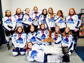 Pictured are the Peewee C Consolation champs, (left to right) back row: Teena Ritchie-Weiss, Taylor Ribey, Savannah Brown, Victoria Matheson, Janelle Fowler, Emma Vanhaelemeesch, Rebekah Cassidy, Alyssa Trumbley. Frontrow: Skylar Pomroy, Victoria Sutter-Lammie, Eve Martin, Lauren MacDonald, Jamie Ann Miller and Marley Scott.