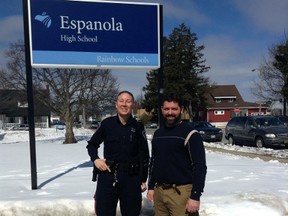 Officer Melissa Rancourt of the Espanola Police Services and Espanola High School principal outside EHS pleased to announce a positive partnership that welcomes the officer’s presence in the school. Photo by Amanda Johnson/Mid-North Monitor/QMI Agency.