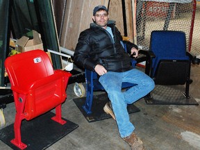 Nugget columnist Dave Dale checks out a sample of the new seats going in Memorial Gardens as part of a $12-million renovation to host the OHL's Battalion next fall.
THE NUGGET/QMI AGENCY