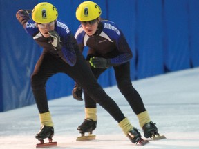 Sam Hendry, left, of the Banff/Canmore Speed Skating club, enjoyed a stellar performance over the weekend at the Canada West Short Track Speed Skating Championships, which were hosted at the Canmore Nordic Centre. Justin Parsons/ Banff Crag & Canyon