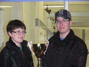 (Left) Alex Brignall and Brett Laing, along with fellow team mate Ross Friesen, won the Jay Dover Memorial at the Melfort Curling Club on Wednesday, March 20.