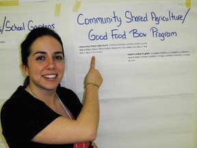 SARAH DOKTOR Times-Reformer
Participants at a forum discussing food issues in Norfolk County on Tuesday were asked to discuss actions that could be taken to ensure community food security in the area. Michelle Saraiva, a public health dietitian with the Haldimand-Norfolk Health Unit, shows an evidence based suggestion that was presented to help spawn ideas during the discussion.