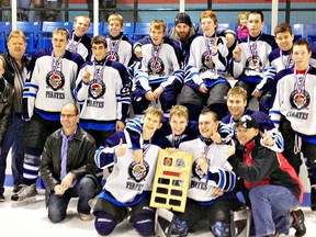 Contributed Photo
The Port Dover Dr. Tom Sartor midget 1 Pirates recently captured the Southern Counties Inter-Town 'A' championship. Pictured are: Andrew Carr, Jacob Wilson, Austyn Merrill, Jamie Parker, Josh Townsend, Lucas Fess, Braeden Sowden, Daniel Czikk, Greg Acuna, Jordan Ferris, Brent Gamble, Cason Bravener and Austin Carr, coaches Scott Bravener, Richard Townsend, John Ferris, Michael Carr and Rick Fess along with with team good luck charm  Summer Townsend. Absent from photo were Luke Harris and John Michael Allard.