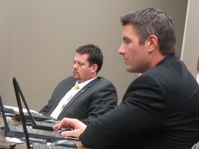 City manager Jean-Marc Nadeau and Coun. Ryan Espey pictured at Monday's city council meeting where it was agreed letters should be sent out to residents to get their feedback on the potential site for the city's first off-leash dog park. Feedback can be submitted either via letter to City Hall or in person at the April 22 meeting of council. (ROBIN DUDGEON/THE GRAPHIC/QMI AGENCY)