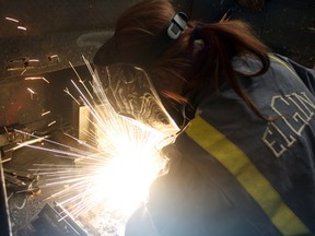 Hayden Gourley of Iroquois Falls Secondary School shows off her welding skills at the Cochrane District Skills Competition on Tuesday. The contest, held at Timmins High & Vocational School, drew students from across the district. The best of the best will be vying for a spot at the Ontario Technological Skills Championships in Waterloo from May 6-8.