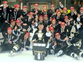 The Quinte West Klemencic Homes Juvenile Hawks captured their second straight and Trenton's 11th overall OMHA Juvenile championship with a 3-2 win over the East Gwillimbury Eagles, Sunday at the Community Gardens. Team members include: Mitch Sweet, Kierrnan Singh, Colin Patrick, Brock Baragar, Matt Parker, Connor Gunter, Josh Leavey, Taylor Walsh, Adam Wall, Cody Warren, Jordan Andrews, Brandon Chabassol, Jake Dafoe, Josh Finlan, Shaun Hadley, Eric MacDonald, Zach Makarchuck, Devin McCann, Kai Sorvari, Bryce Sutton, head coach Corey Ignas, assistant coach Paul O'Connor, trainer Mitch Gunter and manager Dan Patrick.