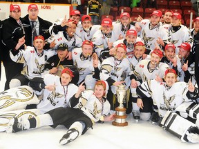 The Quinte West Major Midget Hawks captured Trenton's first-ever OMHA 'A' championship with a dominating 6-1 win over the Welland Tigers Friday before a packed house at the Community Gardens. Team members include: Kevin Valdes, Jerrett Rushnell, Matt Laidley, Will Lamoureux, Derek Shields, Devin Wood, Jonathan Rood, Travis Mindell, Colin Harris, Cole Hamilton, Cameron Sager, T.J. Patterson, Mason Conley, Gerald Bilker, Taishi Asama, Griffin Rupnow, Jordan Boutilier, Alex Leclerc, Andy Paul, head coach Kenny Chesher, assistant coach Matt Kenny, assistant coach Rob Finch, trainer Jeremy Jamieson, assistant trainer Shane Hamilton, and Super Fan Wayne Baril.