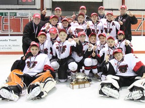 The McConnell Funeral Home Centre Hastings Peewee Grizzlies captured the OMHA championship with a 6-0 win over the Plattsville Rage Saturday at the Madoc Arena. Team members include: Brayden Bailey, Les Brownson, Dyson Cassidy, Abby Cassidy, Connor Cheyne, Jamie Dicks, Brinley Finch, Skyler Graham, Tyrone Jenkins, Curtis McCurdy, Ben Oke, Shane Pack, Noah Stoltz, Liam Stoltz, Cole Watson, head coach John Oke, assistant coach Jason Bailey, assistant coach Jeff Finch, assistant coach Brian Thompson, manager Jasmine Finchand trainer Grant Cheyne.
