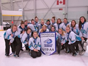 The Edmonton Elite celebrate after winning the 2013 Alberta U19 AA ringette championship. Photo supplied.