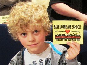 A young supporter of Lorne Avenue public school at a recent Thames Valley District School Board meeting Mar.26 in London, Ont. Senior administration have recommended closing down Lorne Avenue despite ARC's recommendation to keep the east-end school open. SHOBHITA SHARMA/LONDONER/QMI AGENCY