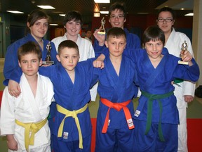 Porcupine Judo Club members who competed in the Jackpine Open in Iroquois Falls this weekend included, Julie Poirier, back row from left, Caeleb Quinn, Zachary Fischer and Maya Faucher, as well as Joel Lapierre, front row from left, George Aucamp, Armand Aucamp and Ryan Fischer. Other participating members absent from the photo were Logan Bechard, Philippe Johns and Patrick Nawak.