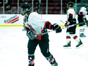 Alex Peterson winds up to take a shot during practice with the Kenora Bantam Thistles. Peterson has been chosen to play for the Western Canadian Selects hockey team in Germany and the Czech Republic in April. 
GRACE PROTOPAPAS/Daily Miner and News