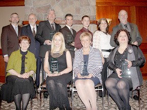 The Chatham-Kent Chamber of Commerce held its business excellence awards on Wednesday at Club Lentinas. At front, from left, are Faye Geddes and Carolynn Barko, of St. Andrew's Residence (business of excellence); Brenda Richardson (business professional of the year); and Patricia Robbins-Clark (citizen of the year). At back are John Timmermans, Ralph Aukema and Ray Wolting, of ATW Automotive Services (entrepreneur of the year); Trevor Mailloux, Chatham-Kent Home Builders Association (corporate citizen of the year); William Bain (youth entrepreneur); and Marian and Tim Schinkel of Schinkel's Legacy (industry). TREVOR TERFLOTH/ THE CHATHAM DAILY NEWS/ QMI AGENCY