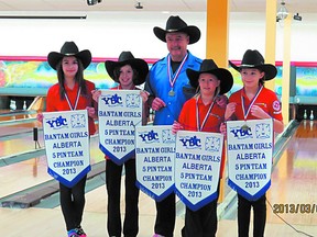 The Sherwood Park Bantam girls team of Melina Duro, Sydney Fix, Scott Wiseman (coach), Emma Olsen and Nicole Boyle are off to nationals after winning the recent five-pin provincial championships in Calgary. Photo supplied