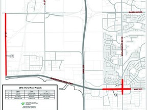 A map showing sections of roads in Strathcona County, Alberta that will be improved thanks to funding from the federal and provincial governments. The total cost of the projects, which will include fresh asphalt and painting, is $4 million. Of that, $1.1 million is coming from the federal Gas Tax fund, while another $2.1 million is coming from Alberta’s Basic Municipal Transportation Grant. Graphic Courtesy Strathcona County