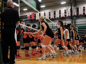 The University of Alberta Pandas shake hands with the Fukushima (Japan) Perfectural Aizu Gakuho squad after their game at the Saville Community Sports Centre on Thursday, March 28, 2013. TREVOR ROBB/EDMONTON EXAMINER