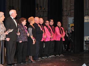 Inductees into the Brockville and Area Music and Performing Arts Hall of Fame stand on the Brockville Arts Centre stage Thursday night. From left are Marjorie Alexander, Peter Lynch, Loretta U'Ren-Kivinen, Margot Green, Bill McCann, and Eddy and the Stingrays (Tommy Schnare, Eddy Fontana, Frankie California and Buddy Love). RONALD ZAJAC The Recorder and Times