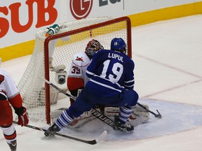 The Toronto Maple Leafs defeated the Carolina Hurricanes 6-3 in a National Hockey League game on March 28, 2013 at the Air Canada Centre in Toronto. Joffrey Lupul scores the winning goal to make it 4-3 in the third period. (Michael Peake/QMI Agency)