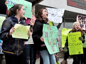 Protest organizers Mackenzie Lumley, left, and Kirsten VanGoethem, both 11, along with Sayward Boak, 12, far right, shout outside East Kent Coun. Jim Brown's office on Thursday afternoon. Lumley and VanGoethem rallied 40 local youth to protest council's decision to vote down a temporary tree-cutting bylaw on Monday. PHOTO TAKEN: Ridgetown, On., Thursday March 28, 2013.   DIANA MARTIN/ THE CHATHAM DAILY NEWS/ QMI AGENCY