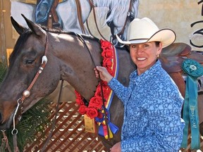 Velda Peach smiles with Barney. Peach bred and raised the horse, who is now 14 years old. nancy trapp/supplied photo