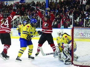 SEAN CHASE    Jennifer Wakefield (second from right)throws her hands up in celebration after Natalie Spooner scores Team Canada's first goal of the night. Spooner would score twice in Canada 8-0 defeat of Sweden at the PMC Saturday night.
