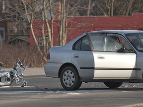 A collision between a car and motorcycle at about 5:30 p.m. on Saturday sent one person to hospital with non-life threatening injuries. (BRIAN THOMPSON The Expositor)