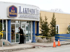 Officers enter the Best Western Lakeside Inn early afternoon on Easter Sunday. A man found lying on the street outside the hotel prior to 4 a.m. died shortly after arrival at the Lake of the Woods District Hospital.

GRACE PROTOPAPAS/Daily Miner and News