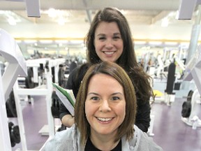 Shape Up to Win contest winner Shelley Merner works out at Shapes Fitness Centre on Nairn Avenue under the watchful eye of personal trainer Stefanie Shumsky on Wed., March 27, 2013 in Winnipeg, Man. (Kevin King/Winnipeg Sun)