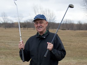 Joe Kotowych, 72, stands on the first tee at Belle Park Fairways golf course. (Laura Boudreau For The Whig-Standard)