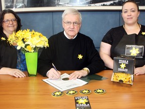 April is officially Daffodil Month in Timmins as the Canadian Cancer Society (CCS) continue to stand behind those fighting cancer. Pins and live daffodils will be available at various locations around town for residents to offer their support. On hand for the official proclamation of Daffodil Month at city hall were, from left, the Sandra Coupal of the CCS, Coun. Michael Doody, and Johanna Harrison of the CCS.