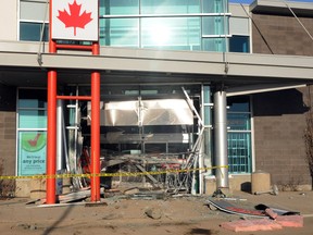 The front entrance of the Grande Prairie Future Shop sustained significant damage early Monday morning after a vehicle was used to gain entry. No store employees were injured and the incident is under investigation. AARON HINKS/DAILY HERALD-TRIBUNE