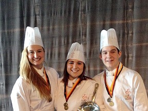 Three Bev Facey Community High students recently learned they had won gold at the February High School Culinary Challenge in Edmonton. Left to right: Erynn Jacobs, Alyssa Paron and Austin Schwabe. Photo Supplied