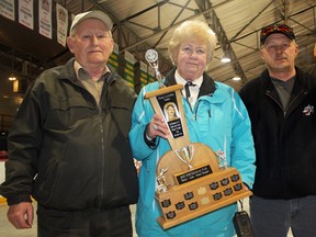 The Novice Schumacher Stingers were honoured with the Dan Lajeunesse Memorial Trophy on the weekend for their season-long display of sportsmanship. On Nov, 14, 2012, Dan Lajeunesse died after spending 22 years in a coma. On hand to present the award were family members, from left, Dave Beaulne, Jeannine Lajeunesse-Beaulne, Moe Lajeunesse, and Christopher Lajeunesse.