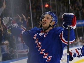 NEW YORK, NY - APRIL 01: Ryan Callahan #24 of the New York Rangers celebrates his shorthanded goal at 3:11 of the second period against the Winnipeg Jets at Madison Square Garden on April 1, 2013 in New York City.  Bruce Bennett/Getty Images/AFP