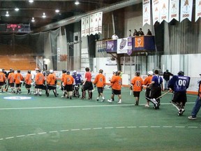 Submitted photo
The Six Nations Rebels shake hands after a game at the annual Six Nations Rebels Spring Showcase Saturday.