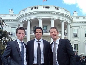 Tyler Toffoli, Jordan Nolan and Jake Muzzin (LtoR) stand outside the White House during the LA Kings March 26, 2013 visit with US president Barack Obama. The Kings' visited the White House as part of the annual Stanley Cup champions meeting with the US president. (Photo from Tyler Toffoli's (@tytoff16) Twitter account)