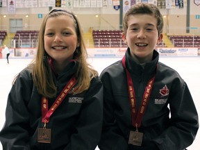 Ella McRoberts (left) and Grayson Lochhead (right) finished third at the 2013 Skate Ontario Cup March 23 and 24, 2013 in the juvenile category for the provincial figure skating championship. McRoberts and Lochhead finished with 46.18 points, only 2.41 points behind the eventual winning pair. (GREG COLGAN, Woodstock Sentinel-Review)