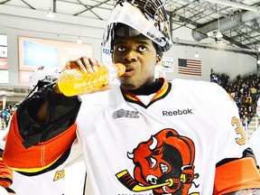 Belleville goalie Malcolm Subban was first-star Monday night in Mississauga where the Bulls beat the Steelheads 3-1 to clinch their first-round OHL playoff series in six games. (OHL Images)