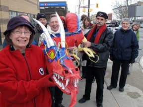 Barbara Yake Kuhl created this 20-foot-long dragon originally for the Fung Loy Kok Toaist Tai Chi Society of Tillsonburg, to celebrate the Chinese year of the dragon. With its conclusion, the decision was made to move it to a new location in the children’s section of the Oxford County Public Library system’s Tillsonburg Branch. Yake Kuhl and compatriots did so on foot via a human chain that at the time, attracted considerable attention along Broadway. Jeff Tribe/Tillsonburg News