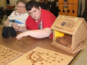 Members of PLUS Industries count pennies for the North East Society of the Prevention of Cruely to Animals ‘Pennies for Paws’ campaign.