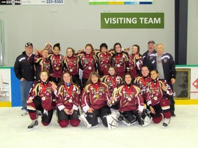The Timmins Paul Davis Systems Bantam ‘B’ Falcons, seen here, will be joining the Timmins Don’s Pizzeria Atom ‘C’ Kings and the Timmins Paul Davis Midget ‘A’ Falcons at the 2013 Ontario Women’s Hockey Association Provincial Championship from April 4-7 in Ottawa.