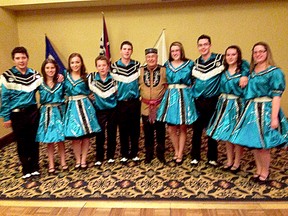 Leigh Ann McLennan/Submitted photo
The Métis Prairie Steppers pose with Métis National Council of Canada president Clement Chartier in Vancouver on March 23. Pictured from left are Troy Garnham, Sasha THorsteinson, Keelin Horning, Logan Horning, Kalem McLennan, Chartier, Calista Sainsbury, Nick Lambert, Jenna Delorme and Kelsey McLennan.
