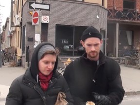 Toronto Police released this photo of a man and woman sought for an assault and
mischief near Harbord St. and Manning Ave. March 18, 2013, against a group handing out flyers.