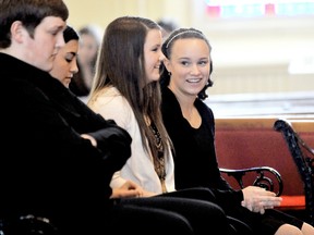 Colin Bell, left, Paige Kosik, Celina Bechard and Olivia Davis wait for remarks from the adjudicator in the Grade 8 Vocal Italian competition during the 68th annual Chatham Kiwanis Music Festival. PHOTO TAKEN Chatham, On., Tuesday April 02 2013. DIANA MARTIN/ THE CHATHAM DAILY NEWS/ QMI AGENCY