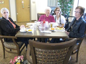 Residents Wilma Wildridge, Mary McGurn, dietary aide Bibiana Ferreira and resident, Betty Allen sat in Trillium Court’s newly renovated dining room on March 28, 2013. When the new meal plan comes into in April effect, all meals will be served in the dining room except the monthly ‘Taste of Kincardine’ meal which will be served in the atrium.