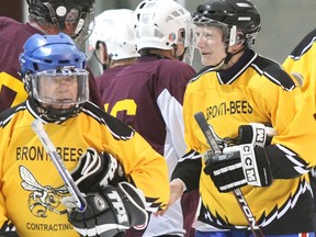 Copper Cliff's Bill McDonagh, 84, of the Bronti-Bees of Walden beat the host Clarion Resort Oldtimers 4-2 during preliminary round action in a tournament for players 60-plus years, Tuesday. McDonagh scored a power-play goal for the victory.