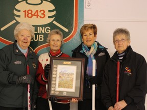 CURLING AWARD WINNERS
Congratulations to the rink of Lois Ann Patterson, winner of the final Thursday draw of the Paris Afternoon Ladies for the Gallery 61/Krajewski Gallery Award. The team is comprised of skip Lois Ann Patterson, left, vice Kathy Burt, second Jackie Delong and lead Helen Shipp. SUBMITTED PHOTO